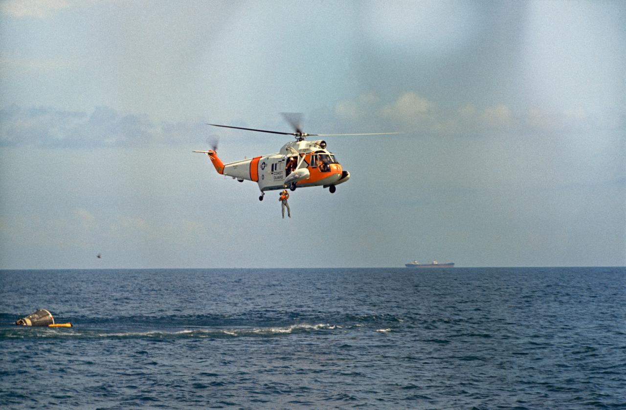 S65-55565 (15 Oct. 1965) --- Astronaut Frank Borman, Gemini-7 prime crew command pilot, is hoisted out of the water by a U.S. Coast Guard recovery team during water egress training in the Gulf of Mexico. The training is in preparation for the planned 14-day mission in space of the Gemini-7 spacecraft. Astronaut James A. Lovell Jr., prime crew pilot, also took part in the training. Photo credit: NASA