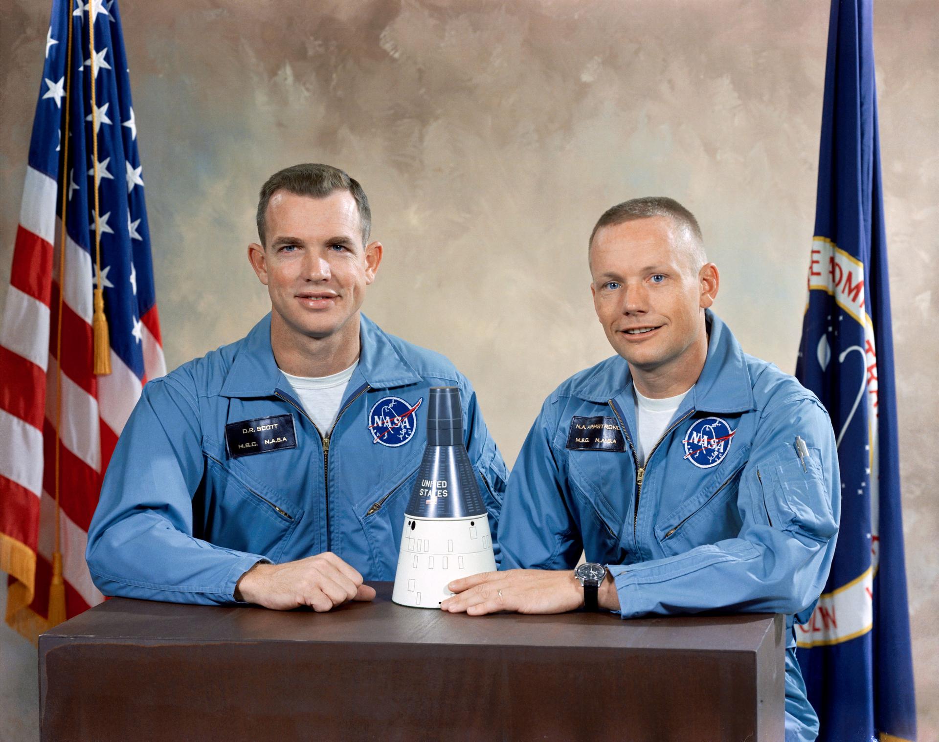 David R. Scott and Neil A. Armstrong pose for their official Gemini VIII crew photo.