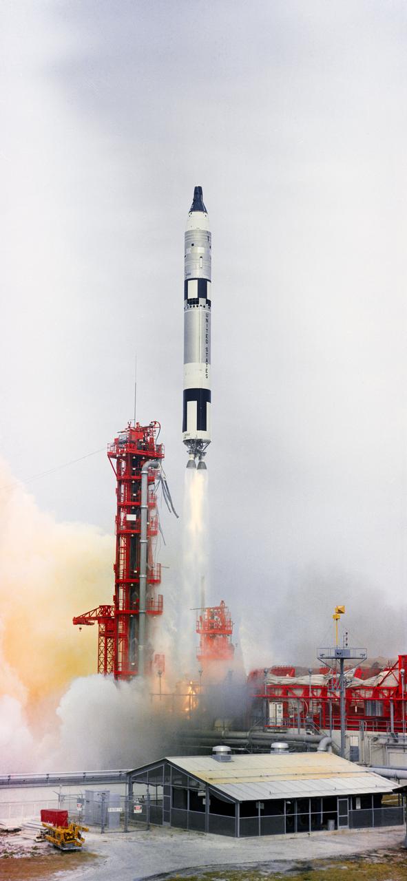 S65-61650 (4 Dec. 1965) --- The Gemini-7 spacecraft, carrying astronauts Frank Borman, command pilot, and James A. Lovell Jr., pilot, was successfully launched by the National Aeronautics and Space Administration  from Pad 19 at 2:30 p.m., (EST) Dec. 4, 1965. The Gemini-7 spacecraft is scheduled for a 14-day mission in space. Photo credit: NASA
