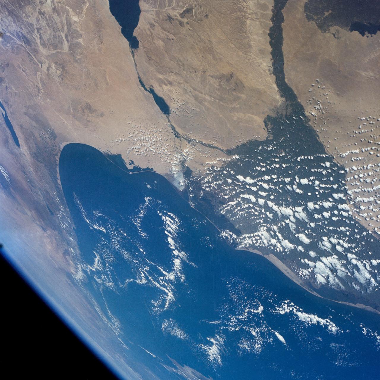 S65-63849 (8 Dec. 1965) --- The eastern Mediterranean area as seen from the National Aeronautics and Space Administration's Gemini-7 spacecraft. The Nile Delta in Egypt is at bottom. The Suez Canal, Gulf of Suez and Red Sea are in the center of the photograph. The Sinai Peninsula is in the upper right corner of the picture. The body of water at the top edge of the photograph is the Gulf of Aqaba. The Dead Sea can be seen at top center. Israel, Palestine, Jordan and Syria are also at top center. The Island of Cyprus is at extreme left. Astronauts Frank Borman and James A. Lovell Jr. took this picture using a modified 70mm Hasselblad camera, with Eastman Kodak, Ektachrome MS (S.O. 217) color film. Photo credit: NASA