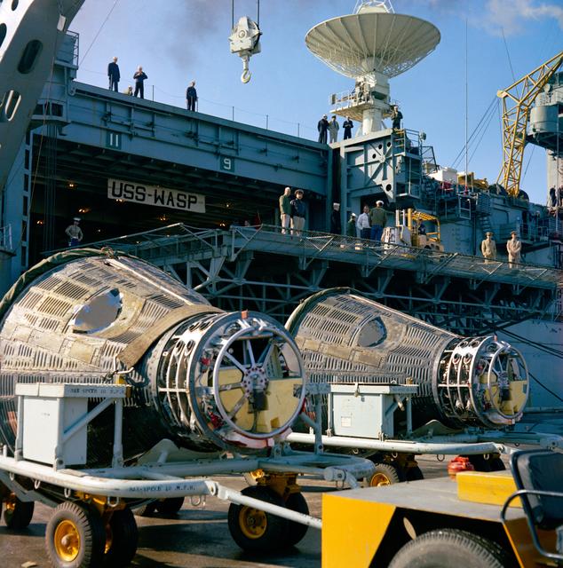 NASA image: Gemini 6 and Gemini 7 capsules aboard the recovery carrier USS Wasp