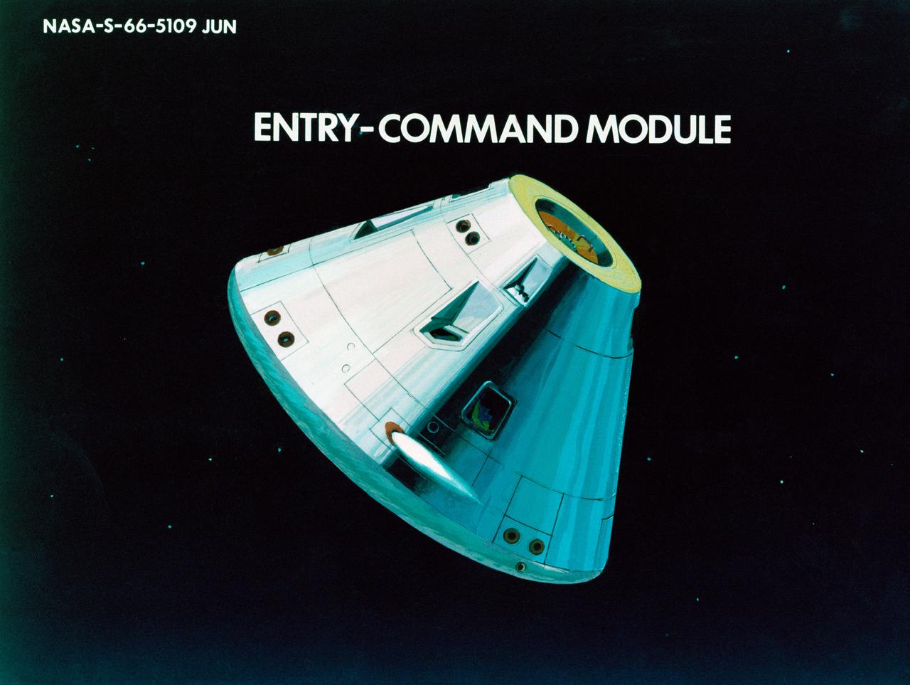 S66-05109 (1965) --- Artist's concept of a profile perspective of the Apollo spacecraft during its maneuver to release from orbit and pass through Earth's atmosphere to return a three-man crew home from a space mission.