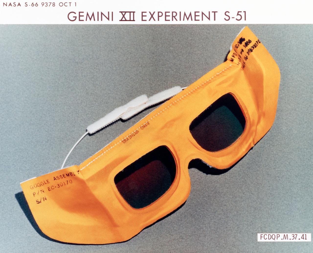 S66-09378 (1 Oct. 1966) --- Goggles which will be worn by Gemini-12 astronaut as he photographs sodium cloud ejected from French Centaure rocket launched from Hammaguir, Algeria. Photo credit: NASA