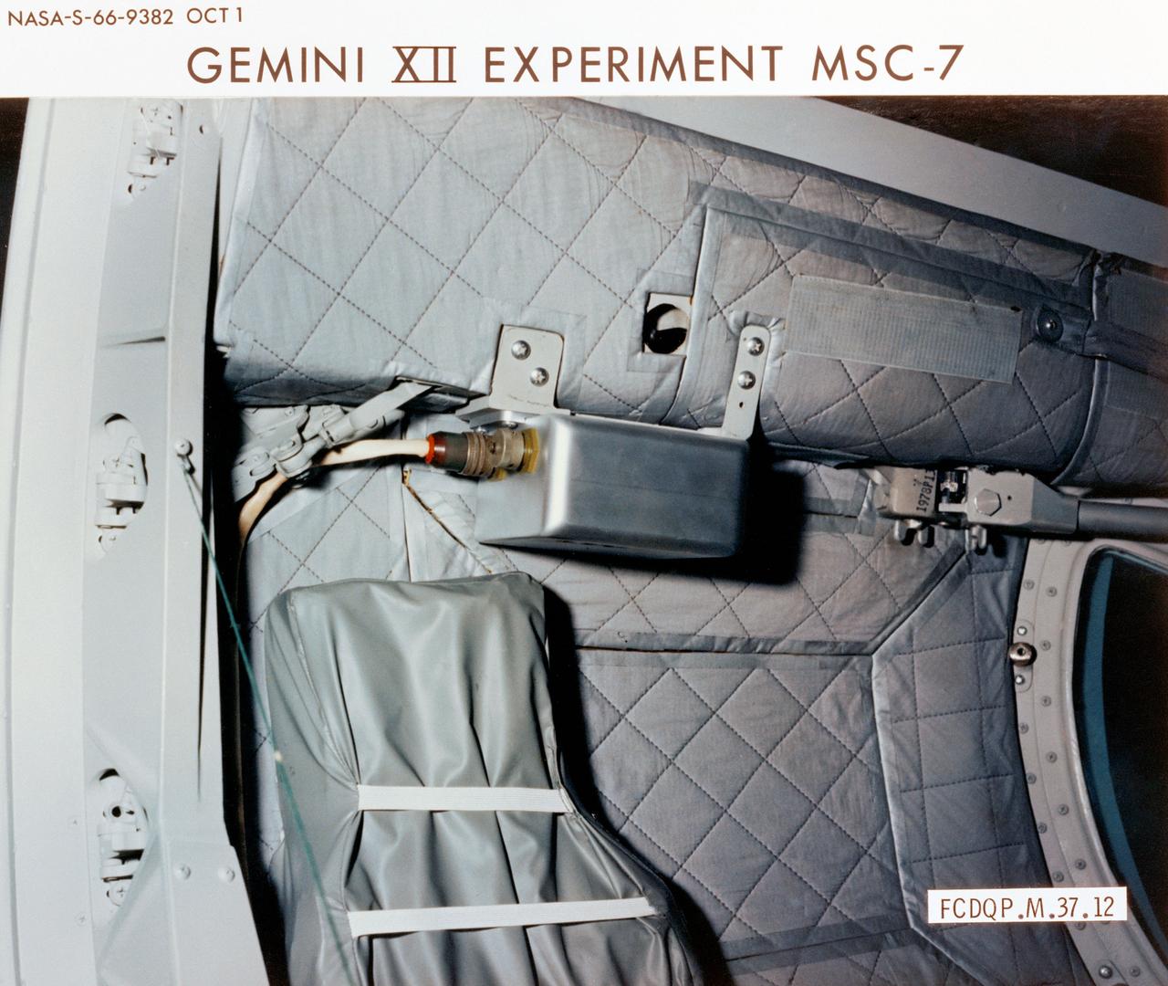 S66-09382 (1 Oct. 1966) --- Gemini-12 Experiment MSC-7 Bremsstrahlung Spectrometer-Spectrometer Analyzer processor installed in cabin. Objective of experiment is to determine the gamma and beta flux and energy spectra induced inside the spacecraft by exterior electrons. Photo credit: NASA