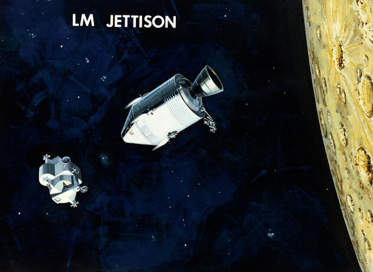 Artist Concepts, Apollo Mission:        S66-10983: Ascent Stage Liftoff (S66-05094)   S66-10984: Orientation During Ascent Phase (S66-05098)   S66-10985: Midcourse Coast (S66-05113)   S66-10986: Survey of Landing Site (S66-05117)   S66-10987: Lunar Module (LM) Jettison (S66-05089)   S66-10988: Trans-Earth Injection (S66-05090)    S66-10989: Exploration on Lunar Surface Apollo Surface Lunar Exploration Experiment (ASLEP)   S66-10990: Liftoff (S66-05125)   S66-10991: Command Module (CM)-Service Module (SM) Separation (S66-05101 N/F)   S66-10992: Touchdown on Lunar Surface (S66-05115)   S66-10993: Transfer Orbit Insertion (S66-05111)   S66-10994: Drogue Parachute Deployment    S66-10995: S-IC Stage Separation S-II Stage Thrusting (S66-05099)   S66-10996: Jettison Launch Escape System (S66-05114)   S66-10997: Main Parachute Deployment (S66-05091)   S66-10998: Mid-course correction (S66-05088)   S66-10999: Lunar Orbit Insertion (S66-05086)   S66-11000: Command Service Module (CSM)-LM Docked in LM Adapter-S-IVB (S66-06526)   S66-11001: Docking and Separation of spacecraft from S-IVB (S66-05107)   S66-11002: Final Descent (S66-05096)   S66-11003: Entry into Earth Atmosphere (S66-05096)   S66-11004: Deploy S/C LM Adapter-Separate CSM from LM-S-IVB (S66-06525 & 05105)   S66-11005: Turnaround of CSM (S66-05104)   S66-11006: S-II Stage Separation S-IVB Stage Thrusting (S66-05102)   S66-11007: LM Ascent CSM Docked (S66-05100)   S66-11008: Midcourse Correction SPS Mode (S66-05106)   S66-11009: Earth Orbit Insertion of S-IVB & S/C (S66-05092)   S66-11010: Trans-lunar Injection (S66-05116)   S66-11011: LM Descent (S66-05110)   S66-11012: S-IVB Stage Operations (S66-05112 N/F)   S66-11013: Spacecraft Recovery (S66-05126)   S66-11014: Lunar Orbit (S66-05103)   S66-11015: CSM-LM Docking (S66-05095)   S66-11016: Entry CM (S66-5109)   S66-11017: Midcourse Corrections to Lunar Landing (S66-08486)   S66-11018: Midcourse Corrections to Lunar Landing w/Overlay (S66-05083)   S66-11019: Earth Launch Phase w/Overlay (S66-08485 & 05119)   S66-11020: Earth Launch Phase (S66-08487 & S66-05084)   S66-11022: Apollo Vehicles (S66-05127)   S66-11024: Transfer to LM (S66-05082)   S66-11025: Lunar Launch Phase   S66-11027: Trans-earth Separation of C/M from S/M-C/M return to Earth (S66-05097)   S66-11028: CSM-LM Separation, LM Descent to Moon (S66-05108)               MSC, Houston, TX         Also available in B&W      12/1965 - 06/1966