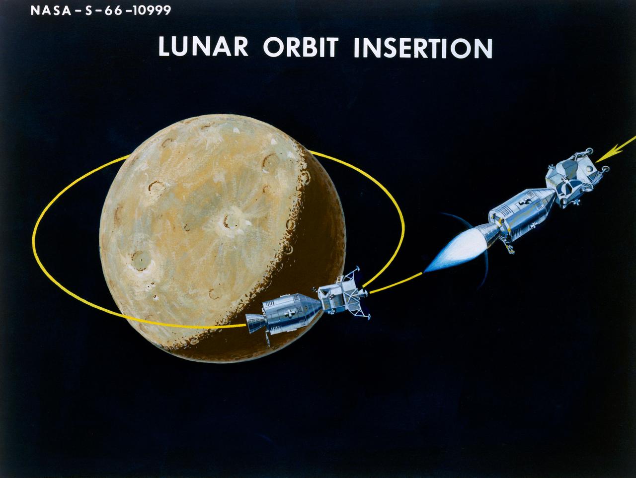 S66-10999 (1966) --- A 1966 artist's concept of an Apollo lunar module linked with the Command and Service Modules during lunar orbit insertion. Photo credit: NASA