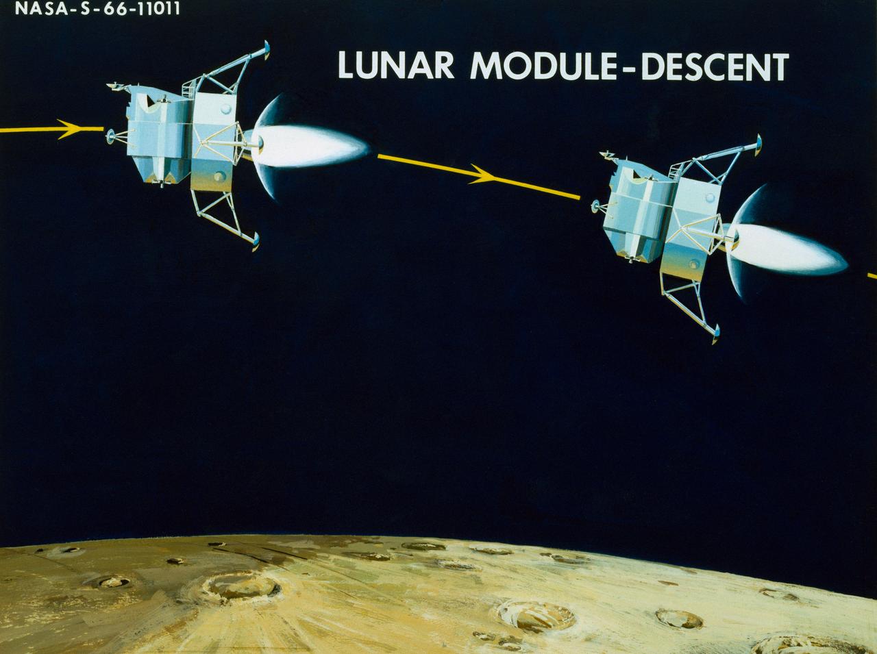 Artist Concepts, Apollo Mission:        S66-10983: Ascent Stage Liftoff (S66-05094)   S66-10984: Orientation During Ascent Phase (S66-05098)   S66-10985: Midcourse Coast (S66-05113)   S66-10986: Survey of Landing Site (S66-05117)   S66-10987: Lunar Module (LM) Jettison (S66-05089)   S66-10988: Trans-Earth Injection (S66-05090)    S66-10989: Exploration on Lunar Surface Apollo Surface Lunar Exploration Experiment (ASLEP)   S66-10990: Liftoff (S66-05125)   S66-10991: Command Module (CM)-Service Module (SM) Separation (S66-05101 N/F)   S66-10992: Touchdown on Lunar Surface (S66-05115)   S66-10993: Transfer Orbit Insertion (S66-05111)   S66-10994: Drogue Parachute Deployment    S66-10995: S-IC Stage Separation S-II Stage Thrusting (S66-05099)   S66-10996: Jettison Launch Escape System (S66-05114)   S66-10997: Main Parachute Deployment (S66-05091)   S66-10998: Mid-course correction (S66-05088)   S66-10999: Lunar Orbit Insertion (S66-05086)   S66-11000: Command Service Module (CSM)-LM Docked in LM Adapter-S-IVB (S66-06526)   S66-11001: Docking and Separation of spacecraft from S-IVB (S66-05107)   S66-11002: Final Descent (S66-05096)   S66-11003: Entry into Earth Atmosphere (S66-05096)   S66-11004: Deploy S/C LM Adapter-Separate CSM from LM-S-IVB (S66-06525 & 05105)   S66-11005: Turnaround of CSM (S66-05104)   S66-11006: S-II Stage Separation S-IVB Stage Thrusting (S66-05102)   S66-11007: LM Ascent CSM Docked (S66-05100)   S66-11008: Midcourse Correction SPS Mode (S66-05106)   S66-11009: Earth Orbit Insertion of S-IVB & S/C (S66-05092)   S66-11010: Trans-lunar Injection (S66-05116)   S66-11011: LM Descent (S66-05110)   S66-11012: S-IVB Stage Operations (S66-05112 N/F)   S66-11013: Spacecraft Recovery (S66-05126)   S66-11014: Lunar Orbit (S66-05103)   S66-11015: CSM-LM Docking (S66-05095)   S66-11016: Entry CM (S66-5109)   S66-11017: Midcourse Corrections to Lunar Landing (S66-08486)   S66-11018: Midcourse Corrections to Lunar Landing w/Overlay (S66-05083)   S66-11019: Earth Launch Phase w/Overlay (S66-08485 & 05119)   S66-11020: Earth Launch Phase (S66-08487 & S66-05084)   S66-11022: Apollo Vehicles (S66-05127)   S66-11024: Transfer to LM (S66-05082)   S66-11025: Lunar Launch Phase   S66-11027: Trans-earth Separation of C/M from S/M-C/M return to Earth (S66-05097)   S66-11028: CSM-LM Separation, LM Descent to Moon (S66-05108)               MSC, Houston, TX         Also available in B&W      12/1965 - 06/1966