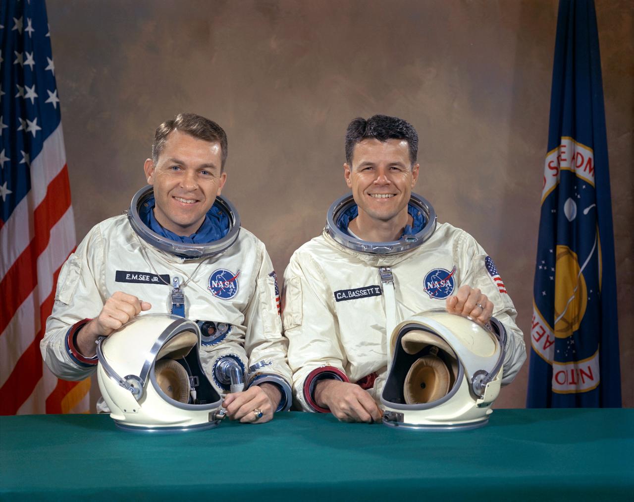 S66-15620 (January 1966) --- Gemini-9 backup crew portrait with astronauts Charles A. Bassett II (left), backup pilot and Elliot M. See Jr., backup command pilot. Photo credit: NASA
