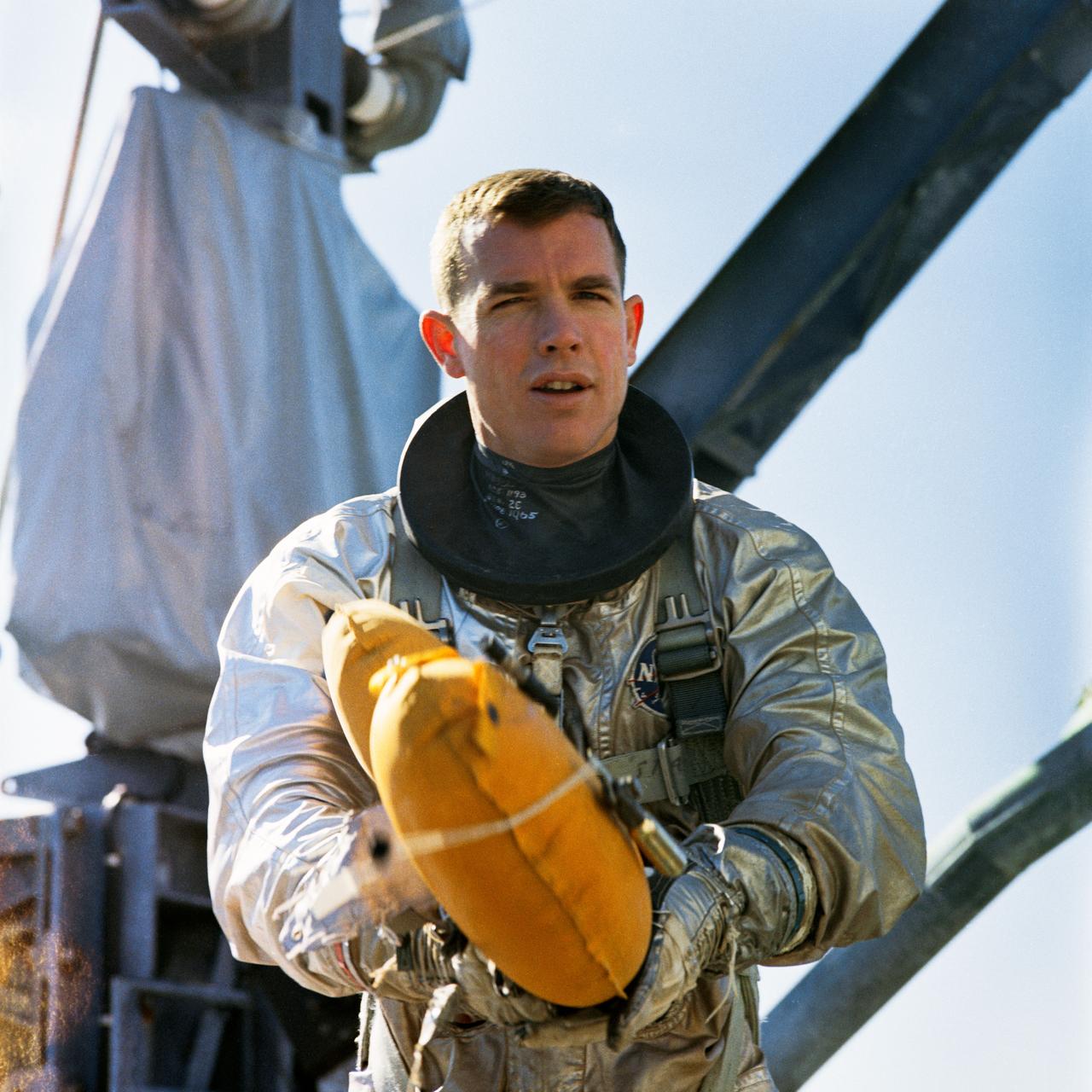 S66-17282 (15 Jan. 1966) --- Astronaut David R. Scott, pilot of the Gemini-8 prime crew, stands on deck of the NASA Motor Vessel Retriever after suiting up for water egress training in the Gulf of Mexico. Photo credit: NASA