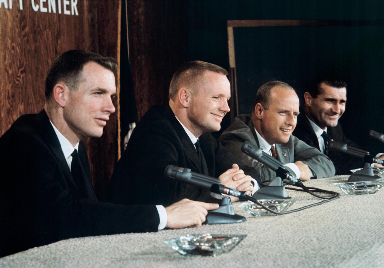 S66-24380 (26 Feb. 1966) --- Gemini-8 prime and backup crews during press conference. Left to right are astronauts David R. Scott, prime crew pilot; Neil A. Armstrong, prime crew command pilot; Charles Conrad Jr., backup crew command pilot; and Richard F. Gordon Jr., backup crew pilot. Photo credit: NASA