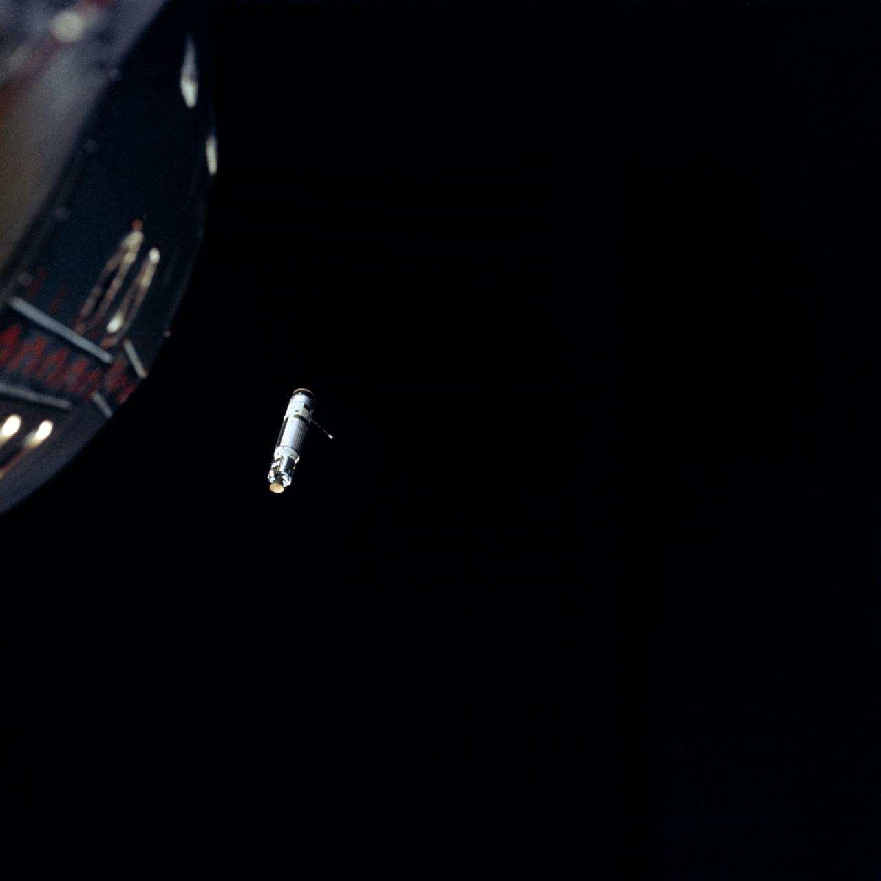 S66-25778 (16 March 1966) --? The Agena Target Docking Vehicle seen from the National Aeronautics and Space Administration?s Gemini-8 spacecraft during rendezvous in space. The Agena is approximately 260 feet away from the nose of the spacecraft (lower left). Crewmen for the Gemini-8 mission are astronauts Neil A. Armstrong, command pilot, and David R. Scott, pilot. Photo credit: NASA