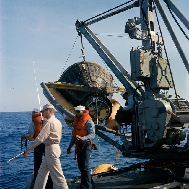 NASA image: Gemini 8 spacecraft hoisted aboard the U.S.S. Leonard F. Mason