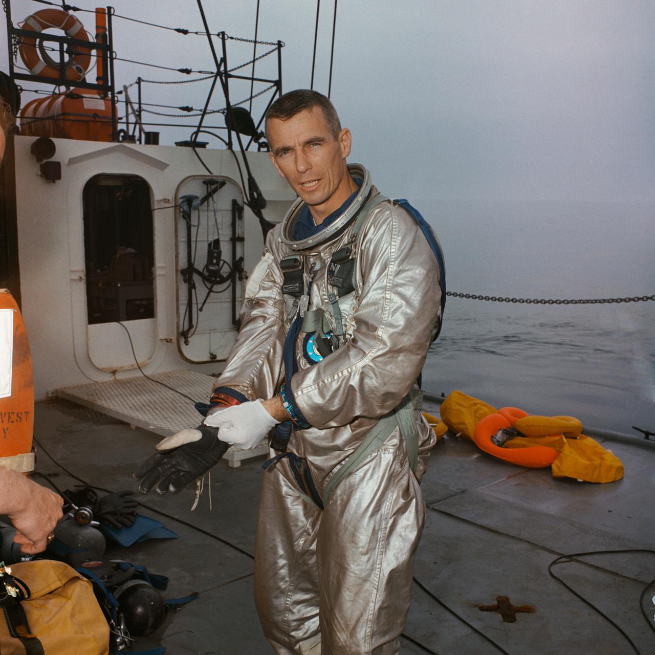 S66-29485 (9 April 1966) --- Astronaut Eugene A. Cernan, prime crew pilot of the National Aeronautics and Space Administration's Gemini-9 spaceflight, stands on deck of the NASA Motor Vessel Retriever after suiting up for water egress training in the Gulf of Mexico. Photo credit: NASA