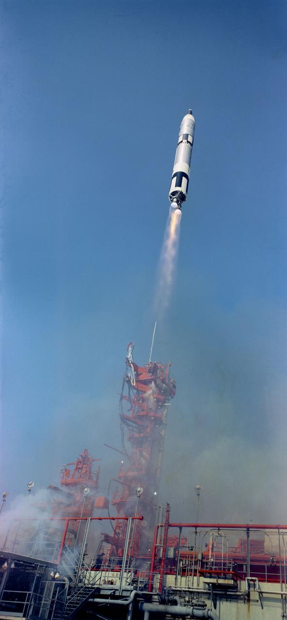 S66-34064 (3 June 1966) ?-- The Gemini-9 spacecraft, carrying astronauts Thomas P. Stafford, command pilot, and Eugene A. Cernan, pilot, was successfully launched by the National Aeronautics and Space Administration from the Kennedy Space Center?s Launch Complex 19 at 8:39 a.m. (EST), June 3, 1966. Photo credit: NASA