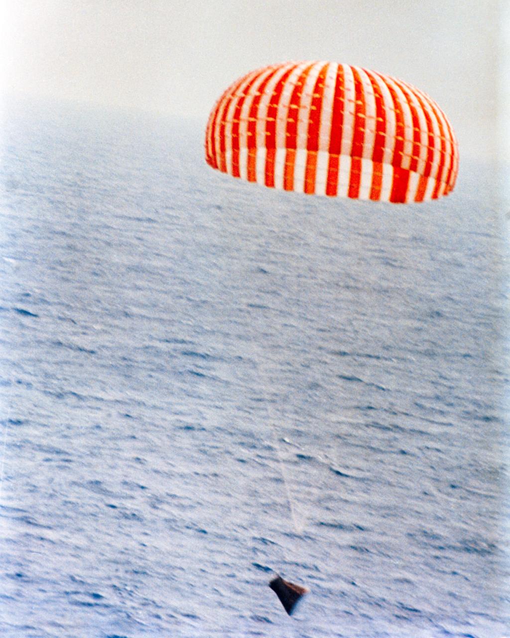 S66-34115 (6 June 1966) --- The 72-hour, 21-minute Gemini-9A spaceflight is concluded as the Gemini spacecraft, with astronaut Thomas P. Stafford and Eugene A. Cernan aboard, touches down in the Atlantic Ocean only 3.5 miles from the prime recovery ship, the aircraft carrier USS Wasp. Gemini-9 splashed down 345 miles east of Cape Kennedy at 9 a.m. (EST), June 6, 1966. Photo credit: NASA