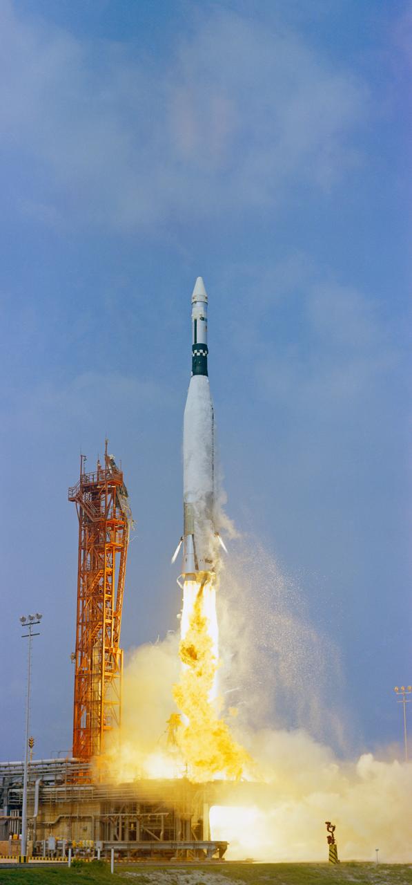 S66-34610 (17 May 1966) --- An Agena Target Vehicle atop its Atlas Launch vehicle is launched from the Kennedy Space Center (KSC) Launch Complex 14 at 10:15 am., May 17, 1966. The Agena was intended as a rendezvous and docking vehicle for the Gemini-9 spacecraft. However, since the Agena failed to achieve orbit, the Gemini-9 mission was postponed. Photo credit: NASA