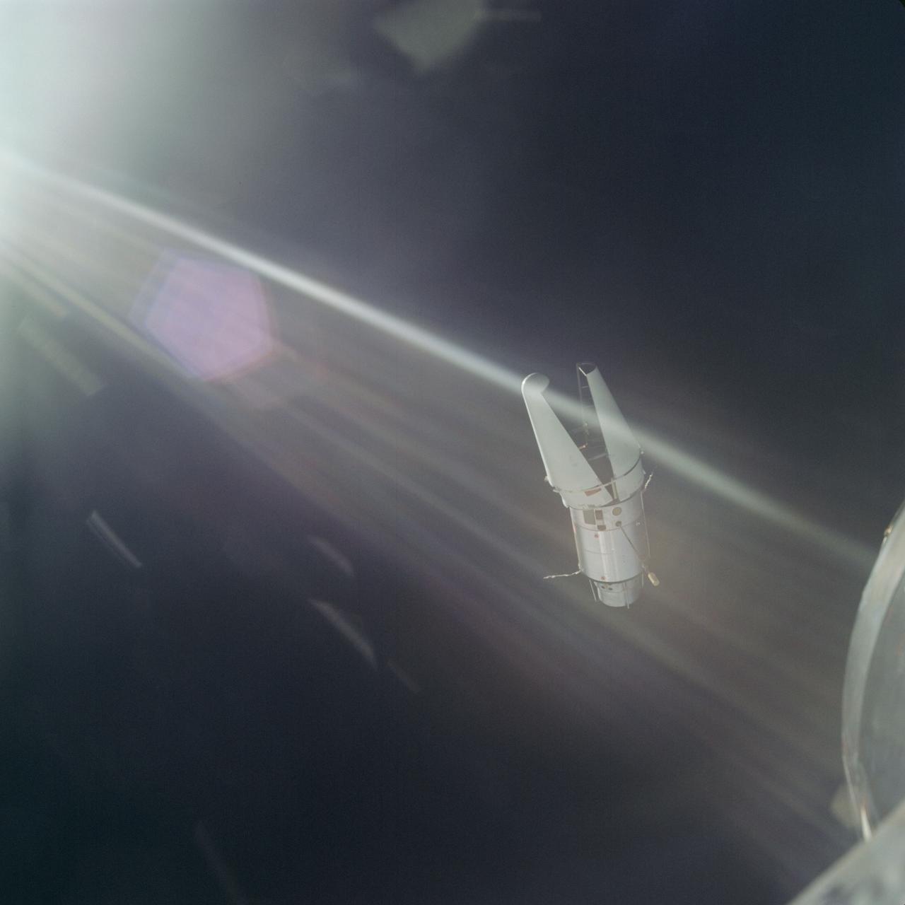 S66-37943 (3 June 1966) --- The Augmented Target Docking Adapter is photographed against the background of the blackness of space from the Gemini-9 spacecraft during one of their three rendezvous in space. The ATDA and Gemini-9 spacecraft are 71.5 feet apart. Failure of the docking adapter protective cover to fully separate on the ATDA prevented the docking of the two spacecraft. The ATDA was described by the Gemini-9 crew as an ?Angry Alligator.? Photo credit: NASA