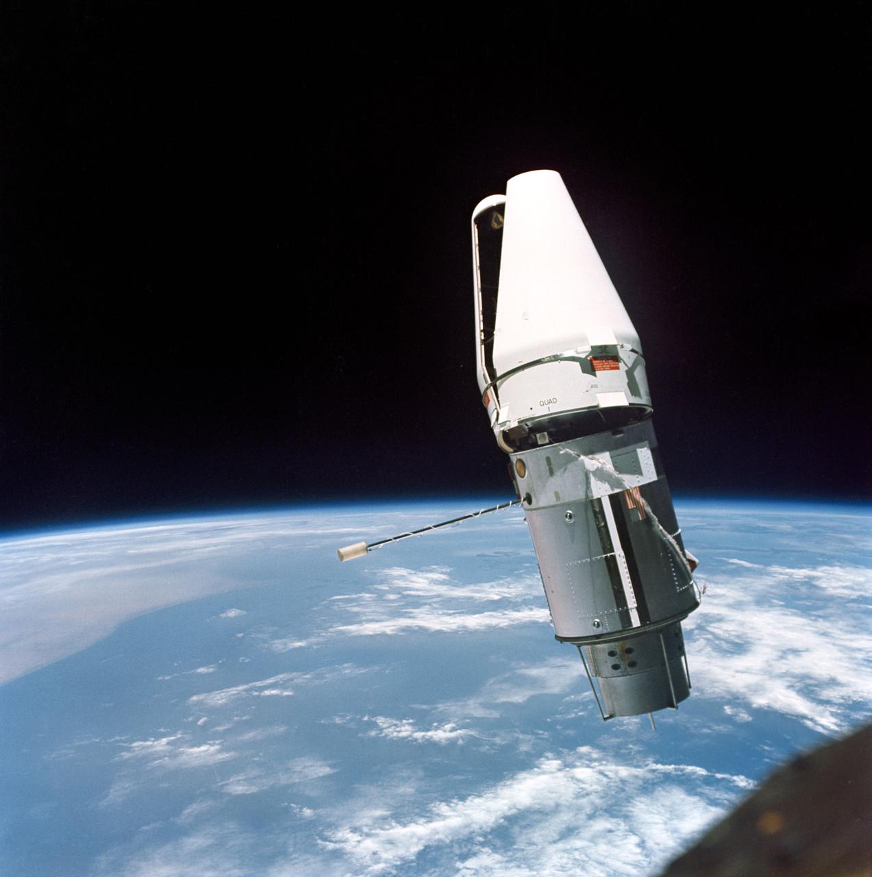 S66-37972 (3 June 1966) ?-- The Augmented Target Docking Adapter (ATDA) is photographed from the Gemini-9 spacecraft during one of three rendezvous occasions in space. The ATDA and Gemini-9 spacecraft are 35.5 feet apart in this view. Failure of the docking adapter protective cover on the ATDA to fully separate prevented the docking of the two spacecraft.  The ATDA was described by the Gemini-9 crew members as an ?angry alligator.? Photo credit: NASA