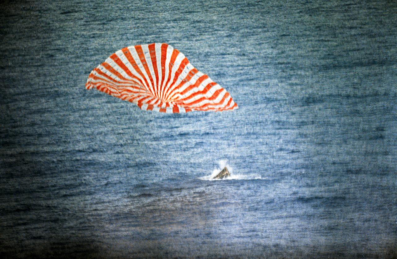 S66-42782 (21 July 1966) --- The Gemini-10 spaceflight is concluded as the Gemini-10 spacecraft, with astronaut John W. Young and Michael Collins aboard, touches down in the Atlantic about four miles from the prime recovery ship, the USS Guadalcanal. Gemini-10 splashed down 540 miles east of Cape Kennedy at 4:07 p.m. (EST), July 21, 1966, to conclude a three-day mission in space. Photo credit: NASA
