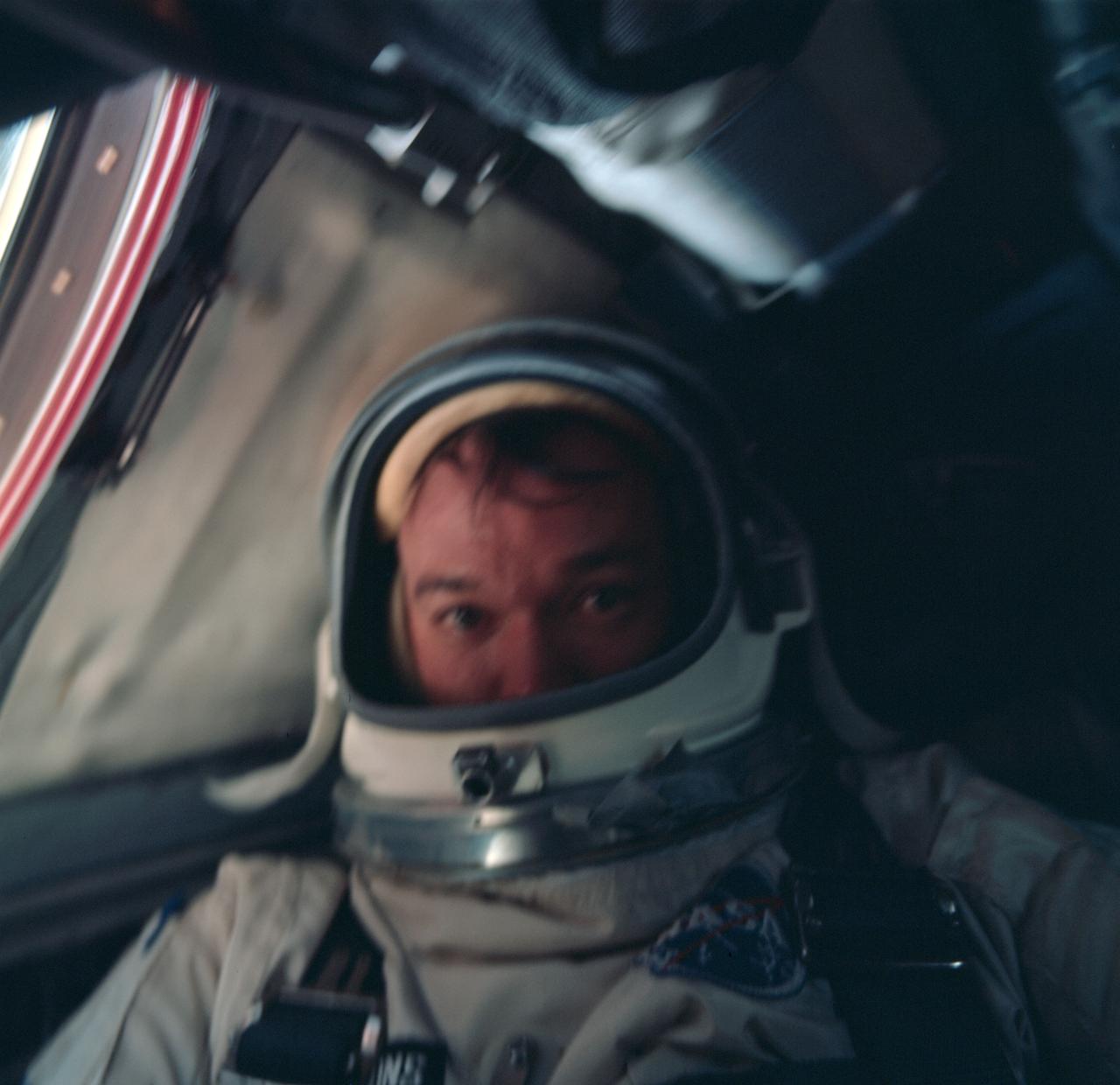 S66-46270 (18 July 1966) --- Astronaut Michael Collins is photographed inside the spacecraft during the Gemini-10 mission. Photo credit: NASA
