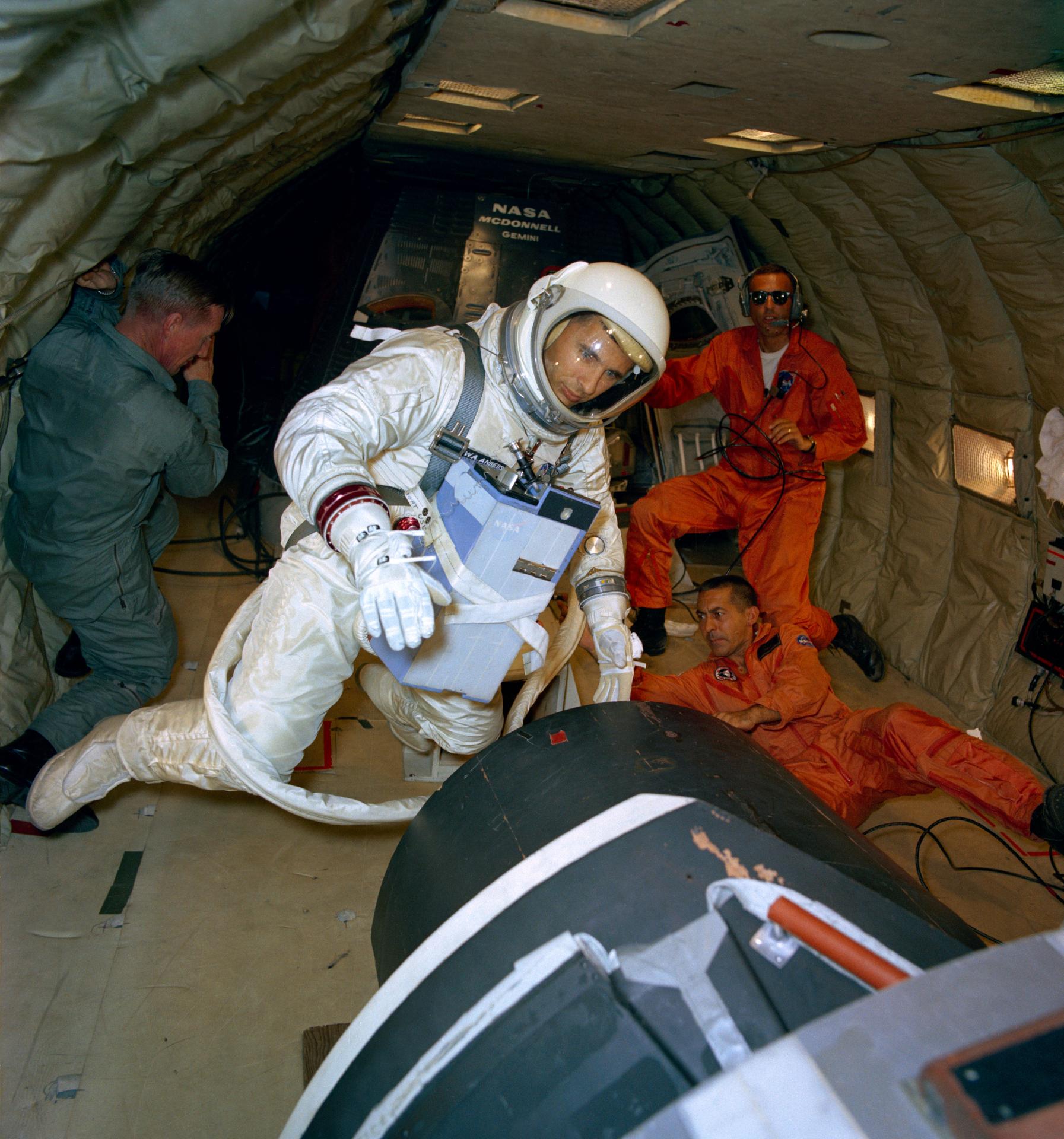 Astronaut William A. Anders, backup crew pilot of the Gemini-11 spaceflight, participates in extravehicular activity (EVA) training under zero-gravity conditions aboard a KC-135 aircraft from Wright-Patterson Air Force Base, Dayton, Ohio.