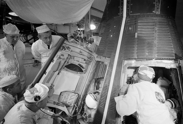 NASA image: Technicians close hatches on Gemini 11 spacecraft during countdown