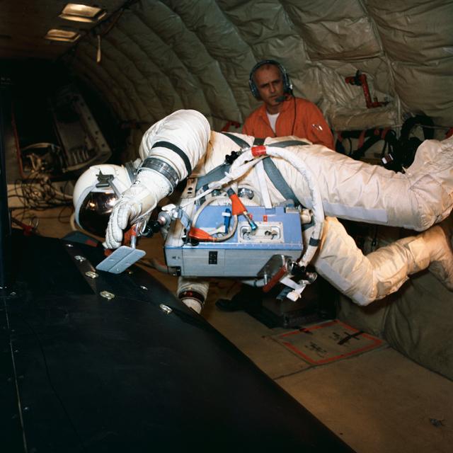 NASA image: Astronaut Edwin Aldrin practices work task aboard KC-135