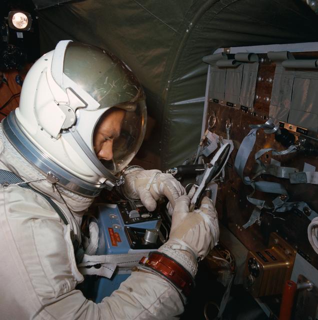 NASA image: Astronaut Edwin Aldrin practices work task aboard KC-135