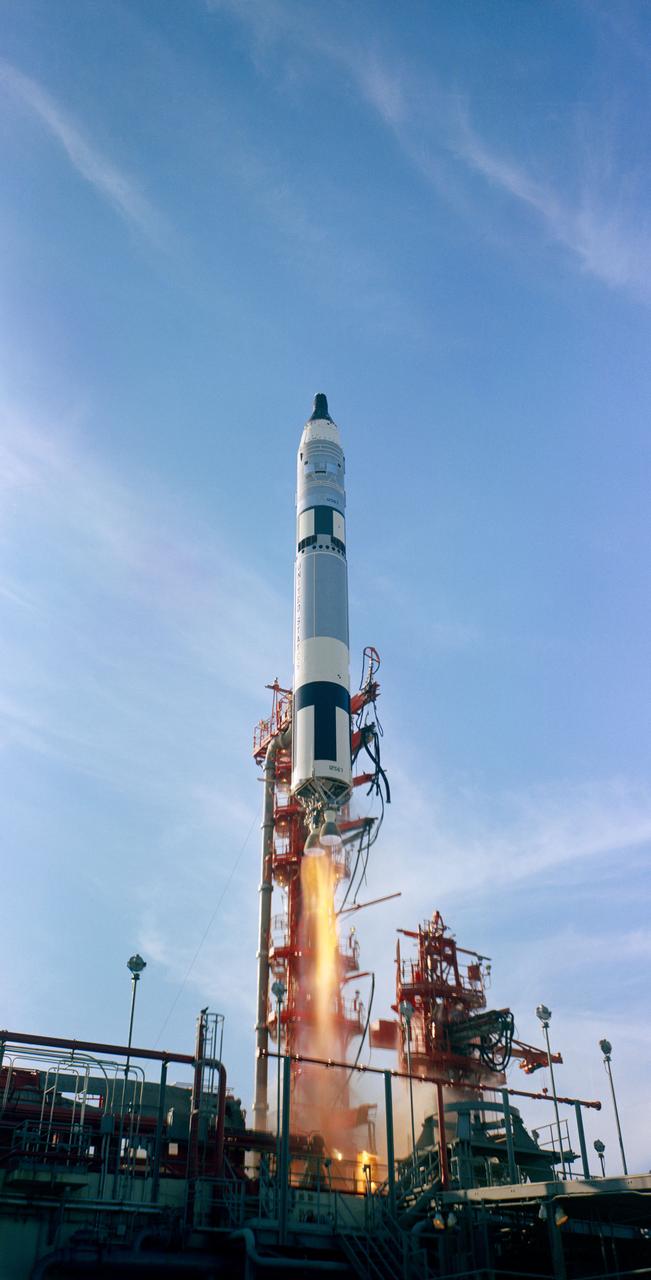 S66-59970 (11 Nov. 1966) --- Gemini-12 spacecraft, carrying astronauts James A. Lovell Jr., command pilot, and Edwin E. Aldrin Jr., pilot, was launched from the Kennedy Space Center's Launch Complex 19 at 3:46 p.m. (EST), Nov. 11, 1966. Photo credit: NASA