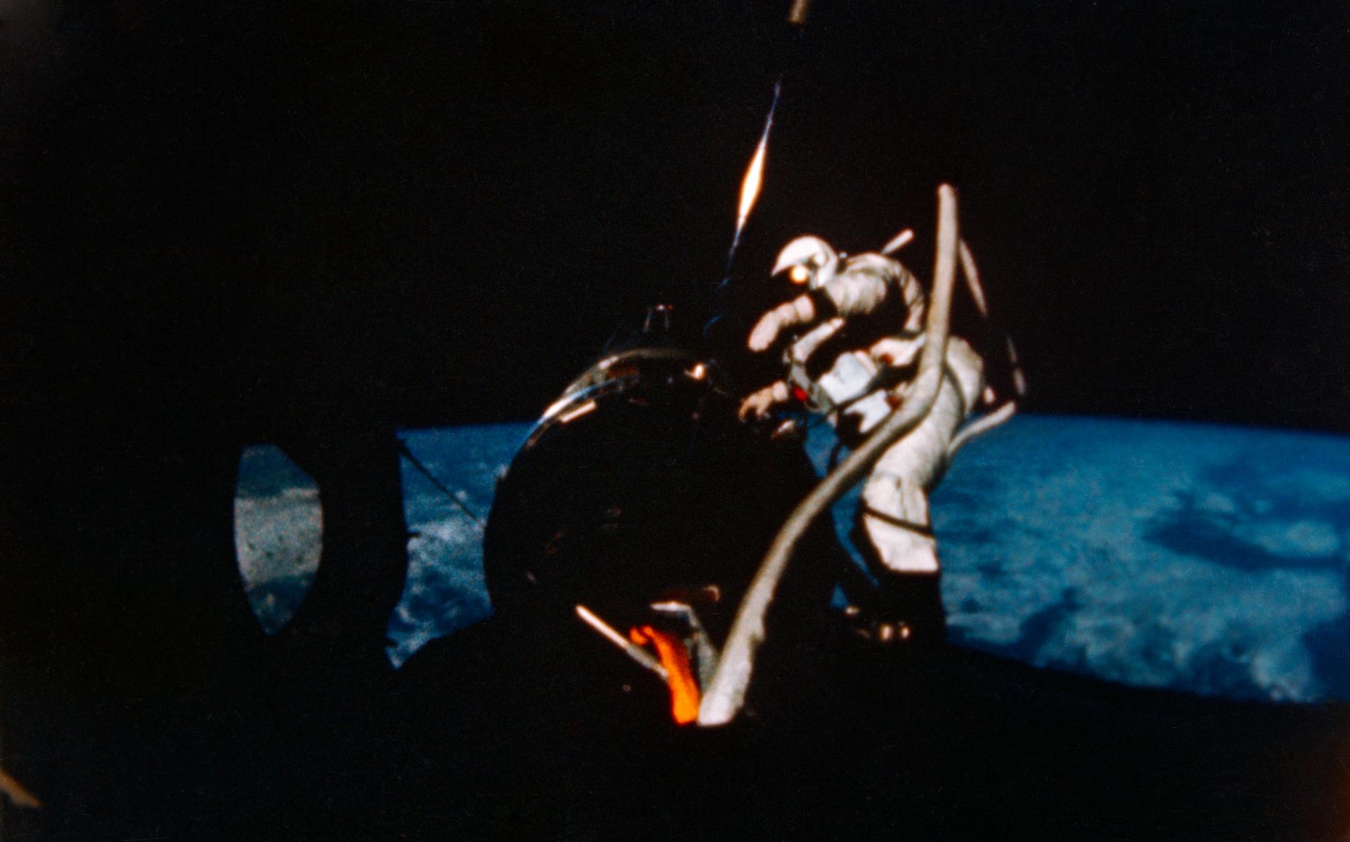 Buzz Aldrin performs a spacewalk for the Gemini-Titan 12 mission