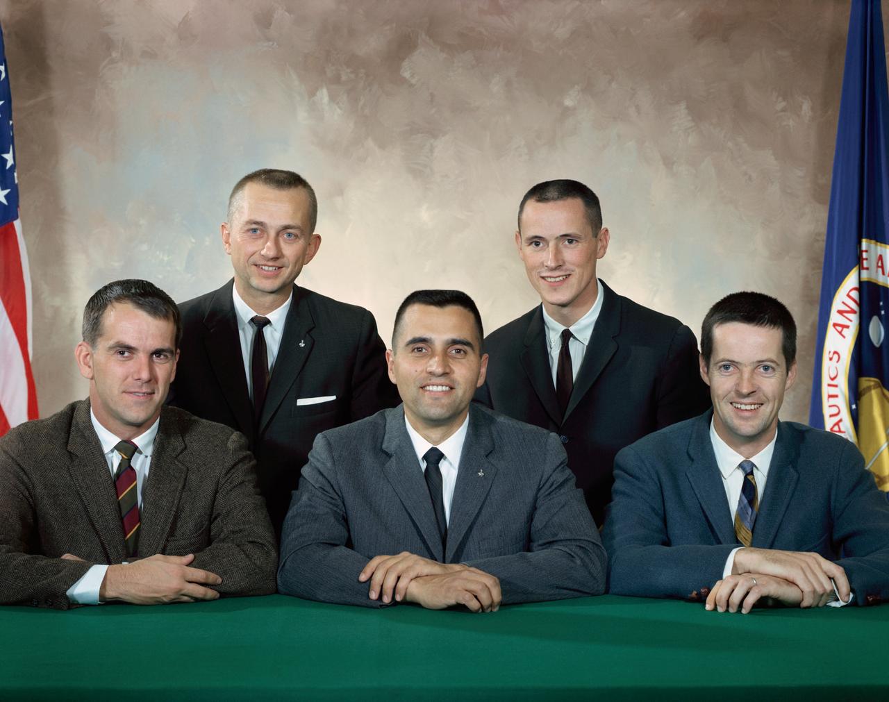 S66-65248 (November 1966) --- Five scientist-astronauts whose selection was announced by the National Aeronautics and Space Administration on June 29, 1969. Front row, left to right, are P. Curtis Michel,(physicist); Harrison H. Schmitt (astrogeologist); and Joseph F. Kerwin (physician). Back row, left to right, are Owen K. Garriott (physicist); and Edward G. Gibson (physicist). Photo credit: NASA or National Aeronautics and Space Administration