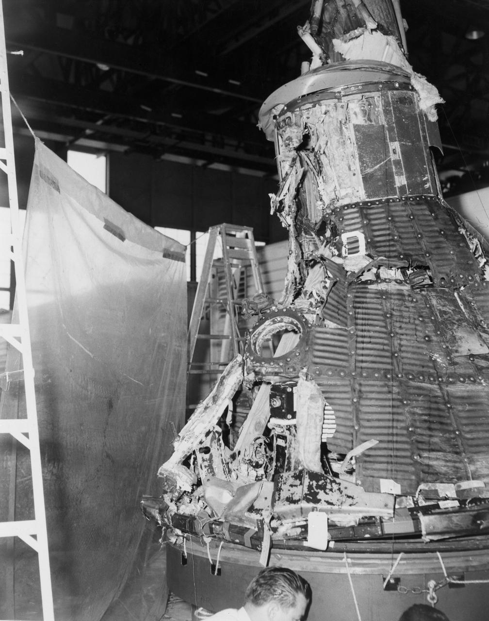 S67-19582 (1961) --- View of the reconstructed Mercury-Atlas 1 (MA-1) spacecraft. The capsule exploded one minute after launch and the debris was reassembled for study. Photo credit: NASA