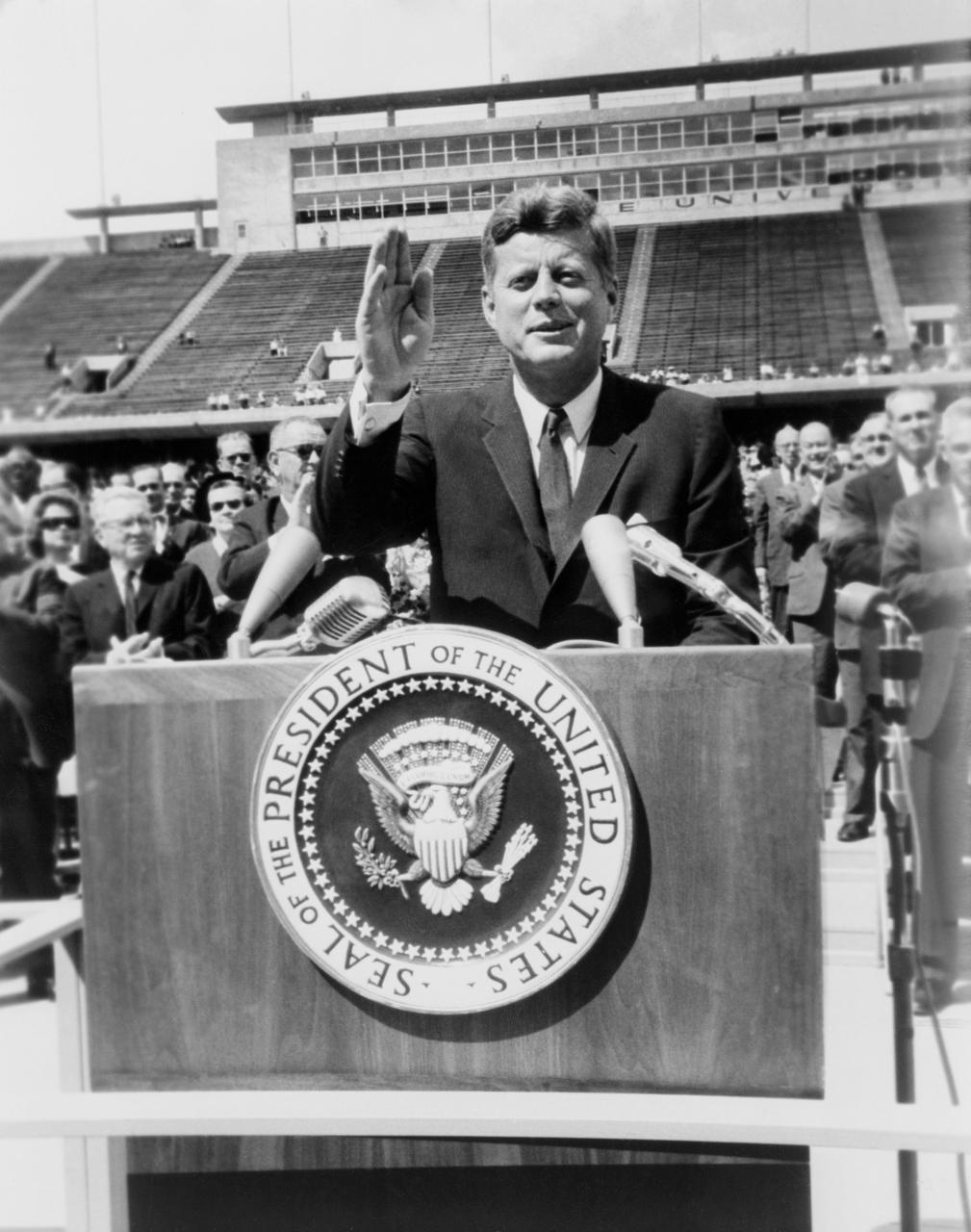 S67-19620 (12 Sept. 1962) --- On Sept. 12, 1962, President John F. Kennedy delivers a speech announcing his goals for the nation?s space effort to land a human being on the moon before a crowd of 35,000 people in the football stadium at Rice University in Houston, Texas. Photo credit: NASA