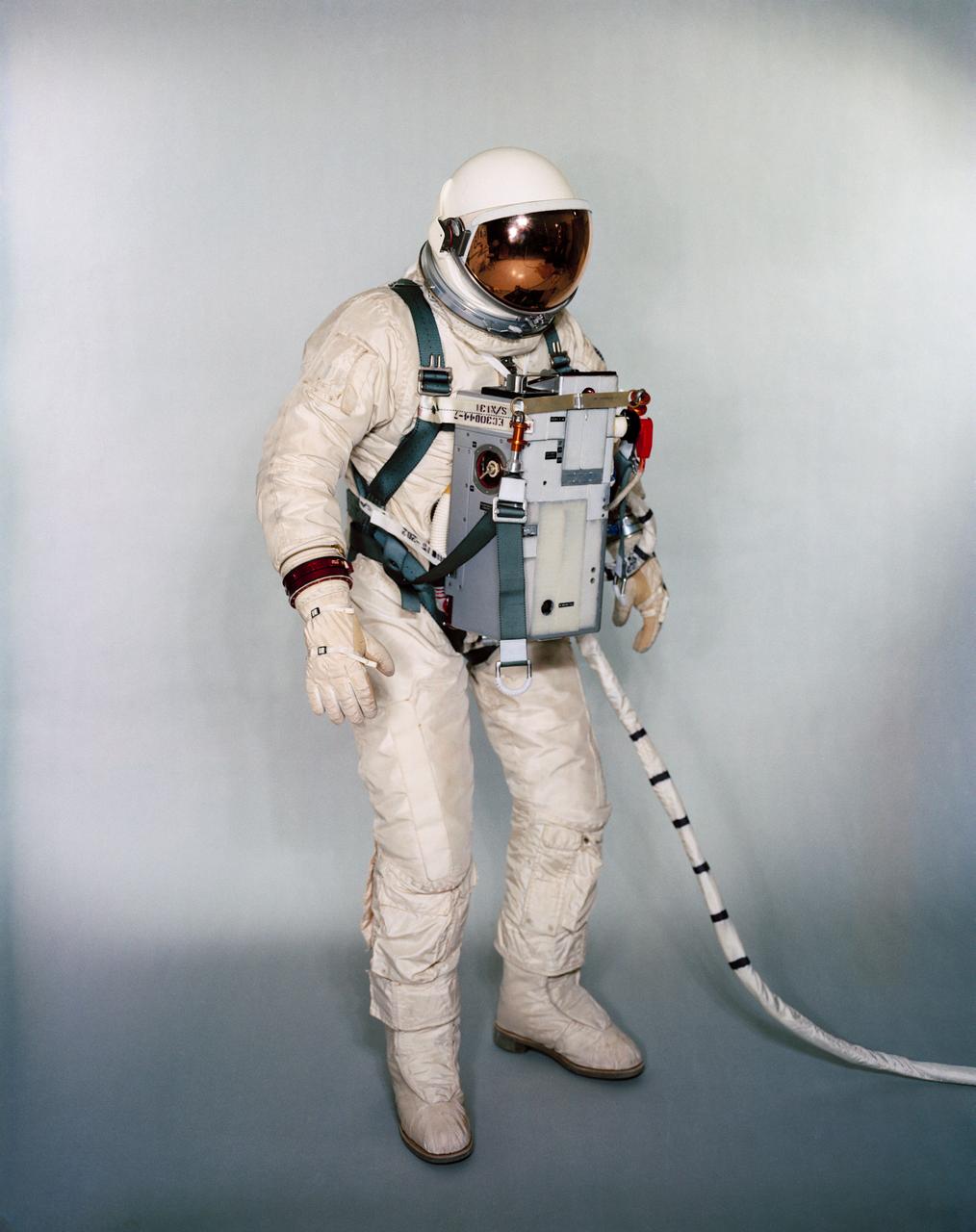 S67-24267 (1966) --- Suited test subject equipped with Gemini-12 Life Support System and waist tethers for extravehicular activity (EVA). Photo credit: NASA