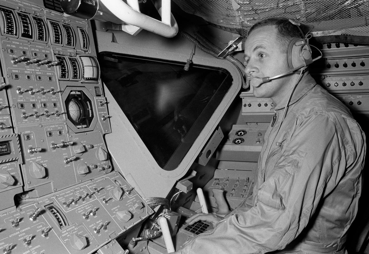 Views of Astronaut Dr. Philip K. Chapman training in the Lunar Module (LM) Simulator, Centrifuge, and the Apollo Mission Simulator. MSC