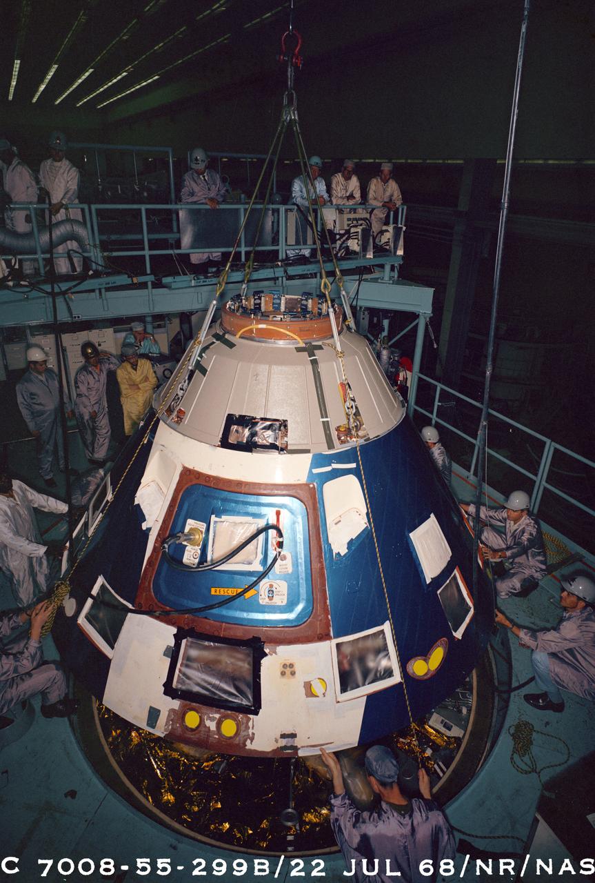 S68-42486 (22 July 1968) --- Wide-angle view of Apollo Command Module 103 during de-stacking from Service Module in Stand 2C.