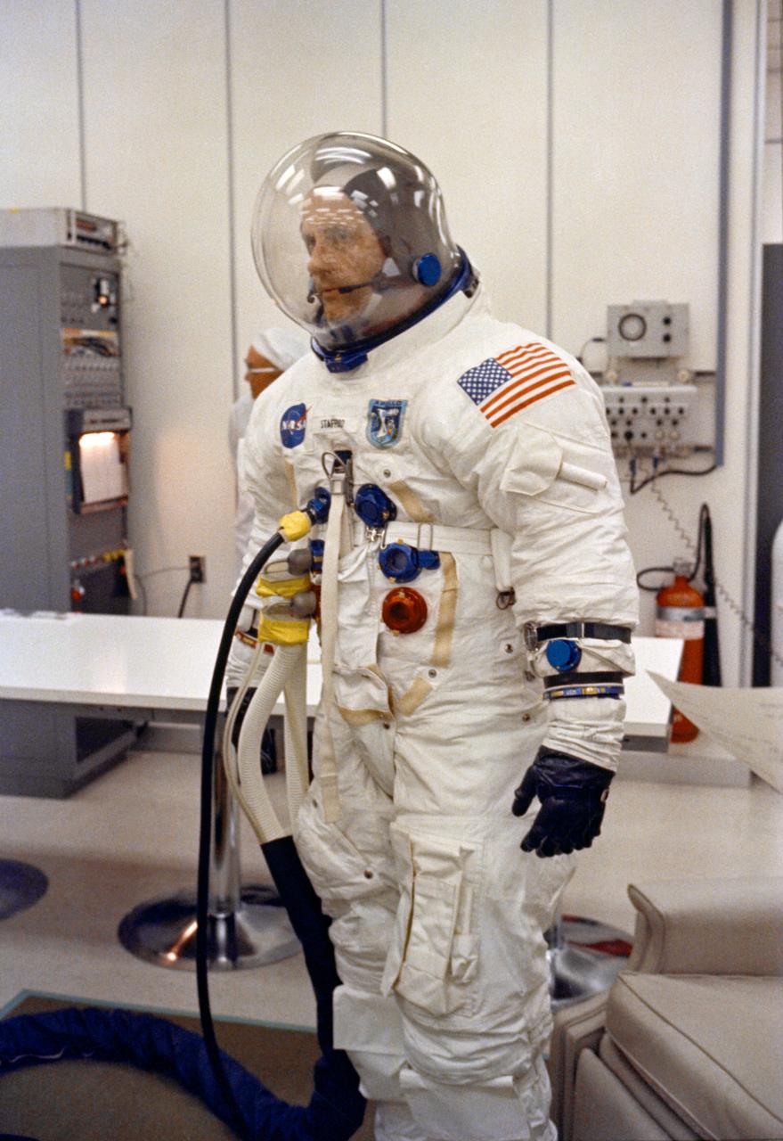 S69-34330 (13 May 1969) --- Astronaut Thomas P. Stafford, Apollo 9 commander, is suited up at the Kennedy Space Center for a Countdown Demonstration Test during preparations for the scheduled Apollo 10 lunar orbit mission. The other two crewmembers are astronauts John W. Young, command module pilot; and Eugene A. Cernan, lunar module pilot.
