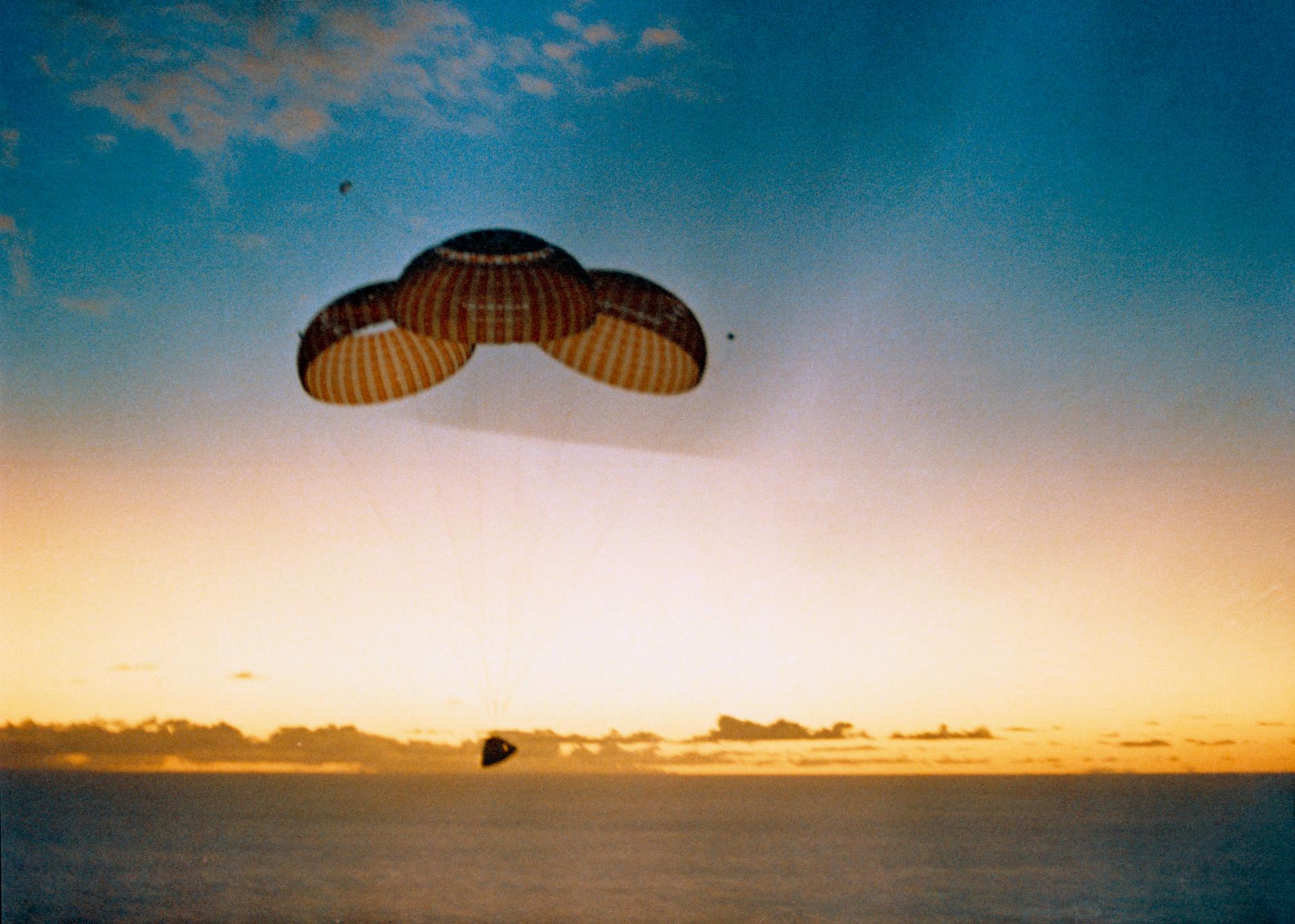 The Apollo 10 capsule approaches splashdown in the Pacific