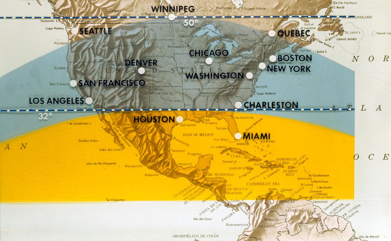 S70-06463 (June 1970) --- This map of North America has been marked to indicate areas of photographic imagery available from Apollo photography (32-degree orbits) as opposed to that imagery which will be available from a 50-degree inclined orbit. The region between the two broken lines will be in the area that can be covered by the first manned Skylab mission in 1973. Photo credit: NASA