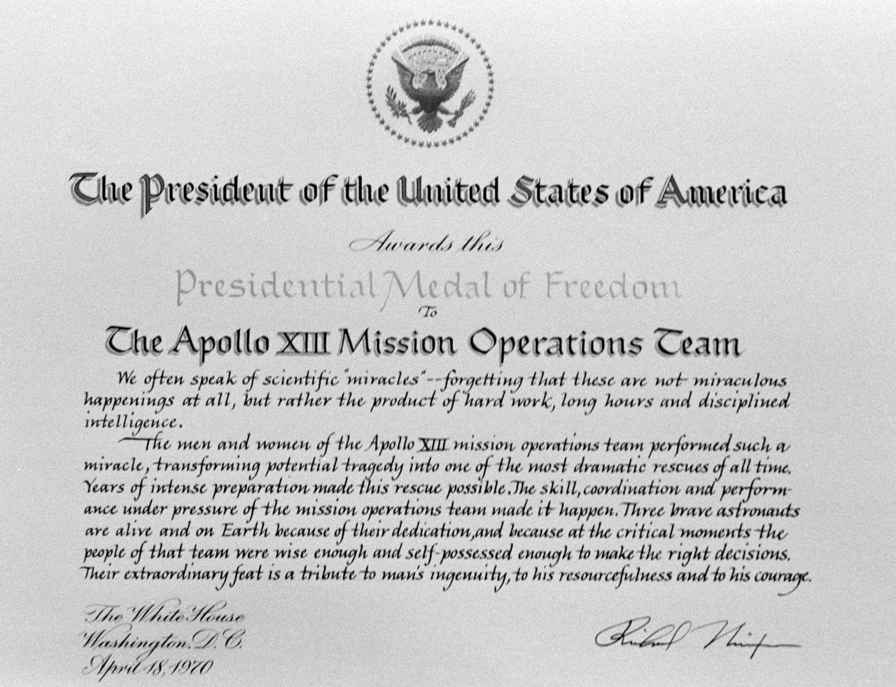 S70-35562 (April 1970) --- A photographic replica of the Presidential Medal of Freedom Award which President Richard M. Nixon presented to the Apollo 13 Missions Operations Team (MOT).  The presentation was made by the Chief Executive during a visit to the Manned Spacecraft Center (MSC) in April 1970.