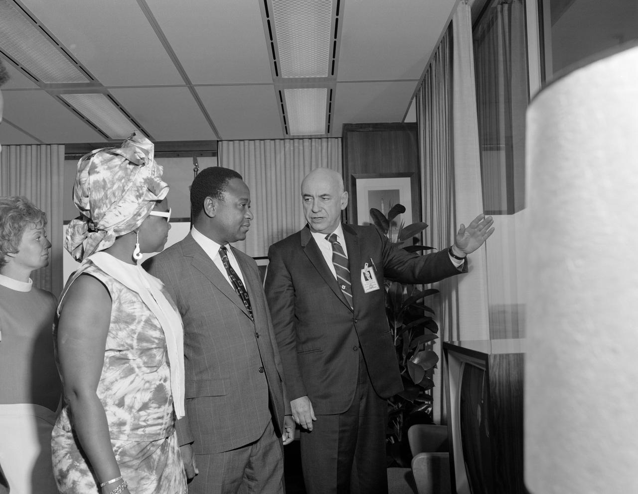 View of Ambassador Joe Iyalla, of Nigeria during his tour of MSC with Dr. Robert R. Gilruth,Center Director on the right.         MSC, HOUSTON, TX
