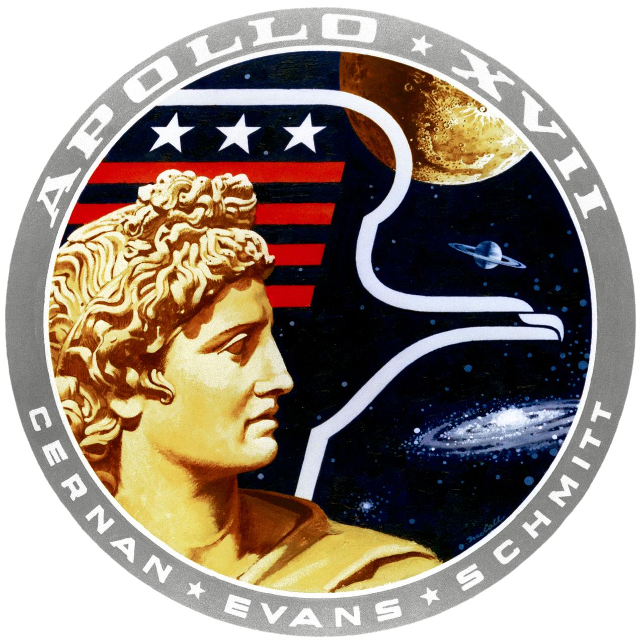 S72-49079 (8 Sept. 1972) --- This is the official emblem of the Apollo 17 lunar landing mission which will be flown by astronauts Eugene A. Cernan, Ronald E. Evans and Harrison H. Schmitt. The insignia is dominated by the image of Apollo, the Greek sun god. Suspended in space behind the head of Apollo is an American eagle of contemporary design, the red bars of the eagle's wing represent the bars in the United States flag; the three white stars symbolize the three astronaut crewmen. The background is deep blue space and within it are the moon, the planet Saturn and a spiral galaxy or nebula. The moon is partially overlaid by the eagle's wing suggesting that this is a celestial body that man has visited and in that sense conquered. The thrust of the eagle and the gaze of Apollo to the right and toward Saturn and the galaxy is meant to imply that man's goals in space will someday include the planets and perhaps the stars. The colors of the emblem are red, white and blue, the colors of our flag; with the addition of gold, to symbolize the golden age of space flight that will begin with this Apollo 17 lunar landing. The Apollo image used in this emblem was the famous Apollo of Belvedere sculpture now in the Vatican Gallery in Rome. This emblem was designed by artist Robert T. McCall in collaboration with the astronauts.     This is the official Apollo 17 emblem, a property of the government of the United States. It has been authorized only for use by the astronauts. Its reproduction in any form other than in news, information and education media is not authorized without approval. Unauthorized use is subject to the provisions of Title 18, U.S. Code, Section 701.