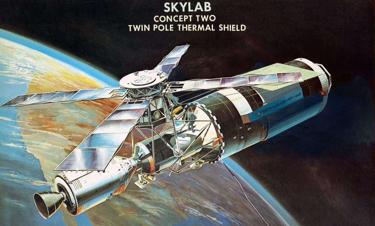 S73-26127 (1973) --- An artist's concept of the Skylab space station cluster in Earth orbit illustrating the deployment of the twin pole thermal shield to shade the Orbital Workshop (OWS) from the sun. This is one of the sunshade possibilities considered to solve the problem of the overheated OWS. Here the two Skylab 2 astronauts have completely deployed the sunshade. Note the evidence of another Skylab problem - the solar panels on the OWS are not deployed as required. Photo credit: NASA
