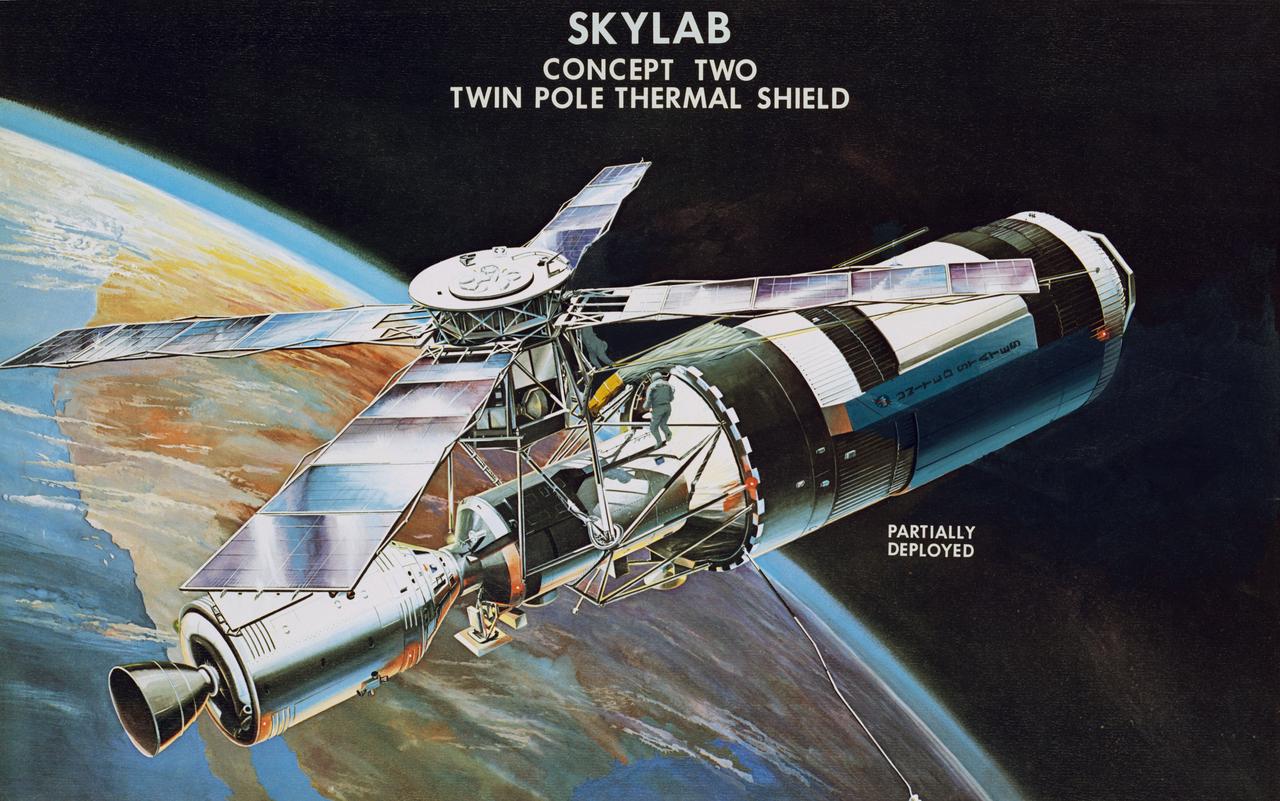 S73-26128 (1973) --- An artist's concept of the Skylab space station cluster in Earth orbit illustrating the deployment of the twin pole thermal shield to shade the Orbital Workshop (OWS) from the sun. This is one of the sunshade possibilities considered to solve the problem of the overheated OWS. In this view the Skylab astronauts have partially deployed the sunshade. Photo credit: NASA