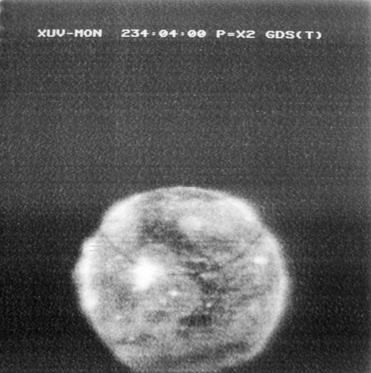 S73-32867 (21 Aug. 1973) --- The solar sphere viewed through the Skylab solar physics experiment (S082) Extreme Ultraviolet Spectroheliographis seen in this photographic reproduction taken from a color television transmission made by a TV camera aboard the Skylab space station in Earth orbit. The solar chromosphere and lower corona are much hotter than the surface of the sun characterized by the white light emissions. This image was recorded during the huge solar prominence which occurred on Aug. 21, 1973. Photo credit: NASA