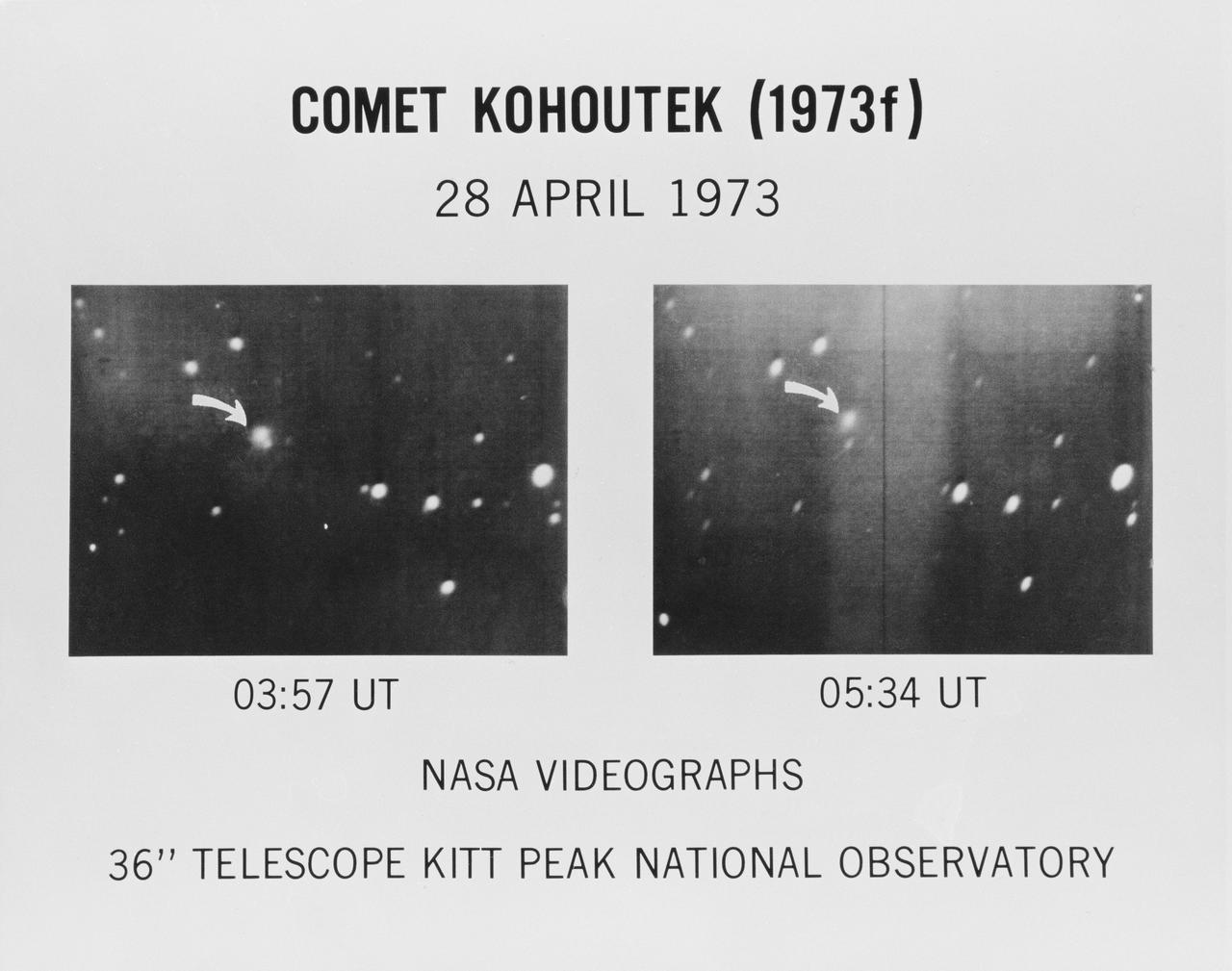 S73-33283 (28 April 1973) --- Videographs of Comet Kohoutek taken by the 36-inch telescope at the Kitt Peak National Observatory on April 28, 1973 for the Skylab program. Photo credit: NASA