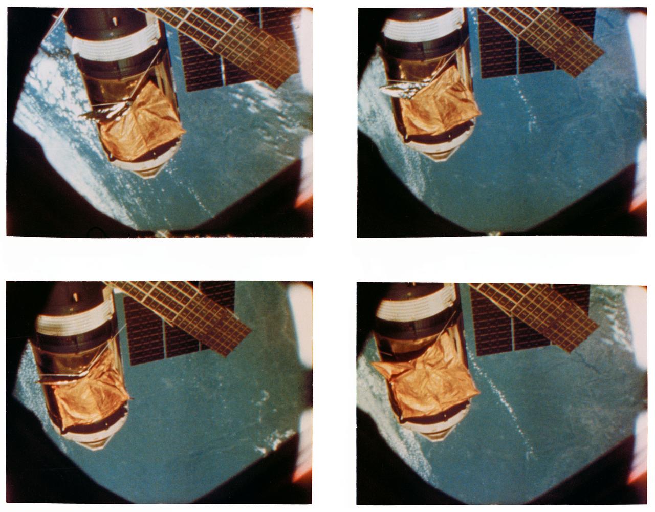 S73-34619 (28 July 1973) --- A composite of four frames taken from 16mm movie camera footage showing an overhead view of the Skylab space station cluster in Earth orbit. The Maurer motion picture camera scenes were being filmed during the Skylab 3 Command/Service Module's (CSM) first "fly around" inspection of the space station. Close comparison of the four frames reveals movement of the improvised parasol solar shield over the Orbital Workshop (OWS). The "flapping" of the sun shade was caused from the exhaust of the reaction control subsystem (RCS) thrusters of the Skylab 3 CSM. The one remaining solar array system wing on the OWS is in the lower left background. The solar panel in the lower left foreground is on the Apollo Telescope Mount (ATM). Photo credit: NASA