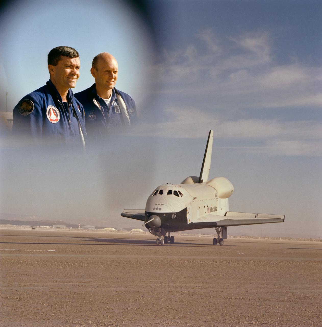 Public Affairs Office (PAO) release print of activity documenting third "free flight" of Shuttle Orbiter 101 Spacecraft at DFRC, Edwards Air Force Base (EAFB), CA.             Enterprise is parked on the runway - Haise (left), Commander, and Fullerton, Pilot, are in the inset.