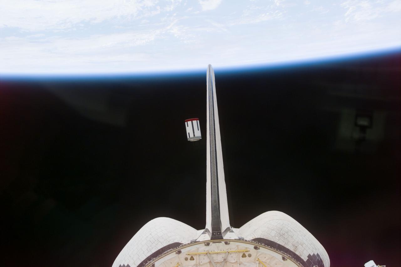 S77-E-5068 (22 May 1996) --- The Satellite Test Unit (STU), part of the Passive Aerodynamically Stabilized Magnetically Damped Satellite (PAMS) is seen moments after its ejection from the cargo bay of the Space Shuttle Endeavour. The scene was photographed with an Electronic Still Camera (ESC) onboard Endeavour's crew cabin during the deployment. The six-member crew will continue operations (tracking, rendezvousing and station-keeping) with PAMS-STU periodically throughout the remainder of the mission.