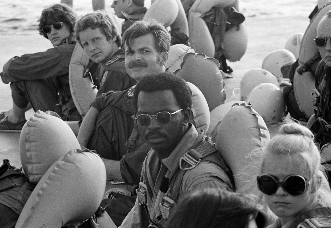 S78-33689 (1978) ASCAN WATER SURVIVAL SCHOOL TRAINING VIEW 1978. Several new astronaut trainees are seen prior to a training exercise at the water survival school in Florida attended by 16 of the candidates. From far left to right are Shannon W. Lucid, Steven A. Hawley, Jeffrey A. Hoffman, Ronald E. McNair and Rhea Seddon. The overall program, held at Homestead Air Force Base, was designed to prepare the trainees for proper measures to take in the event of ejection from an aircraft over water. NASA Photograph.